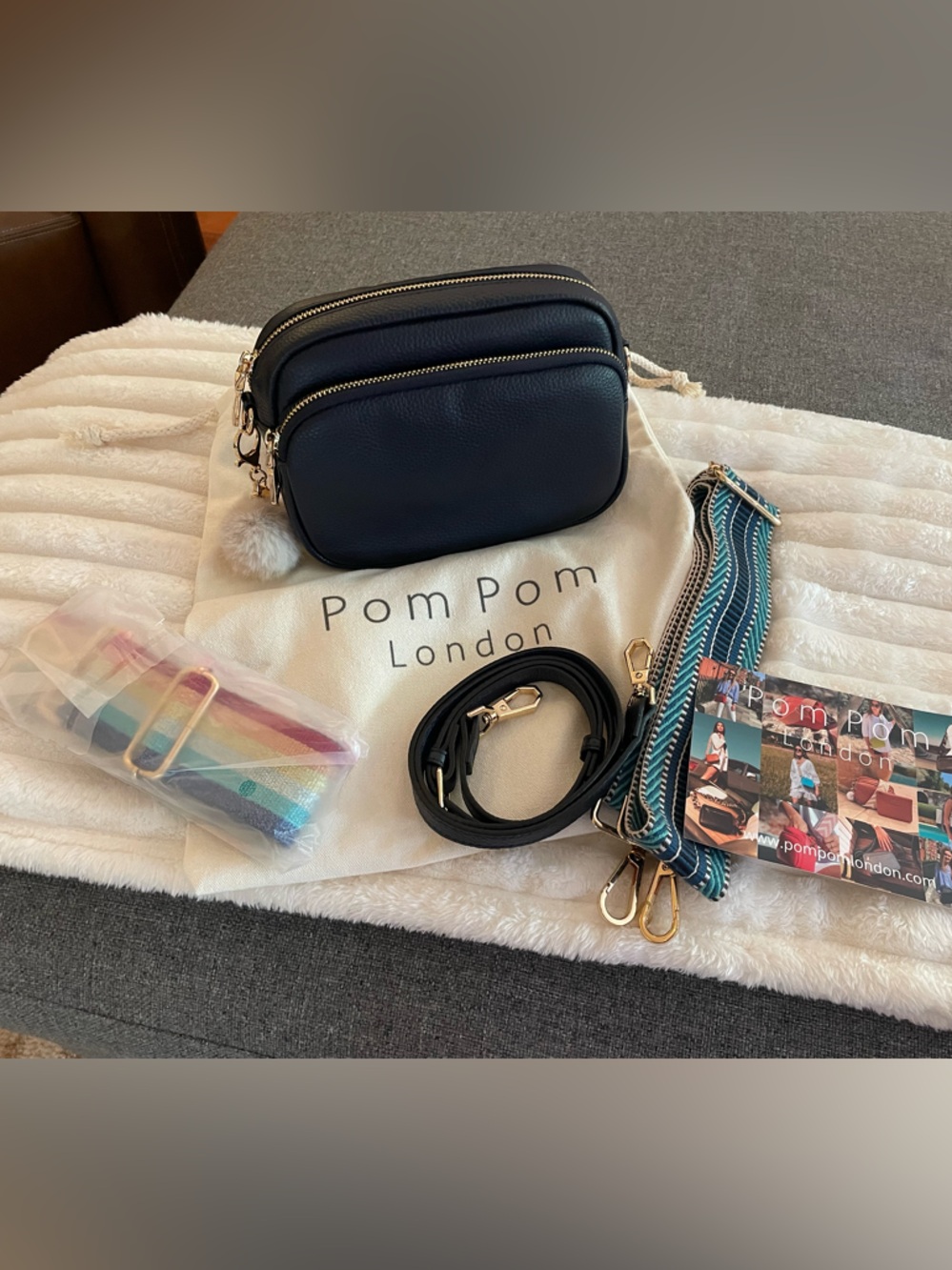 Pom Pom London Navy Leather Crossbody Bag with 3 Adjustable Straps - Picture 2 of 5